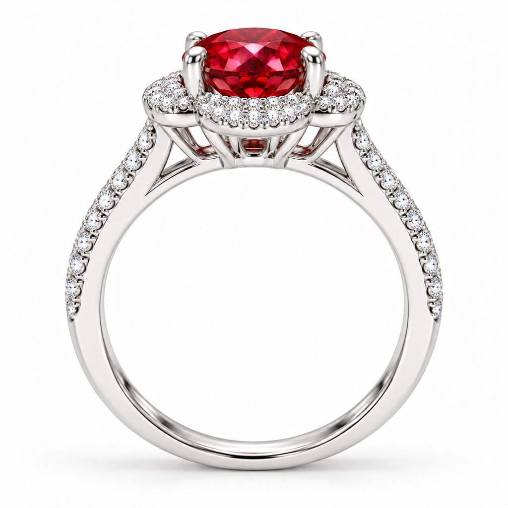 Side profile of a 2 carat red moissanite floral halo ring showing the raised four-prong center gemstone setting, intricate floral halo gallery and slender pavé-accented sterling silver band.