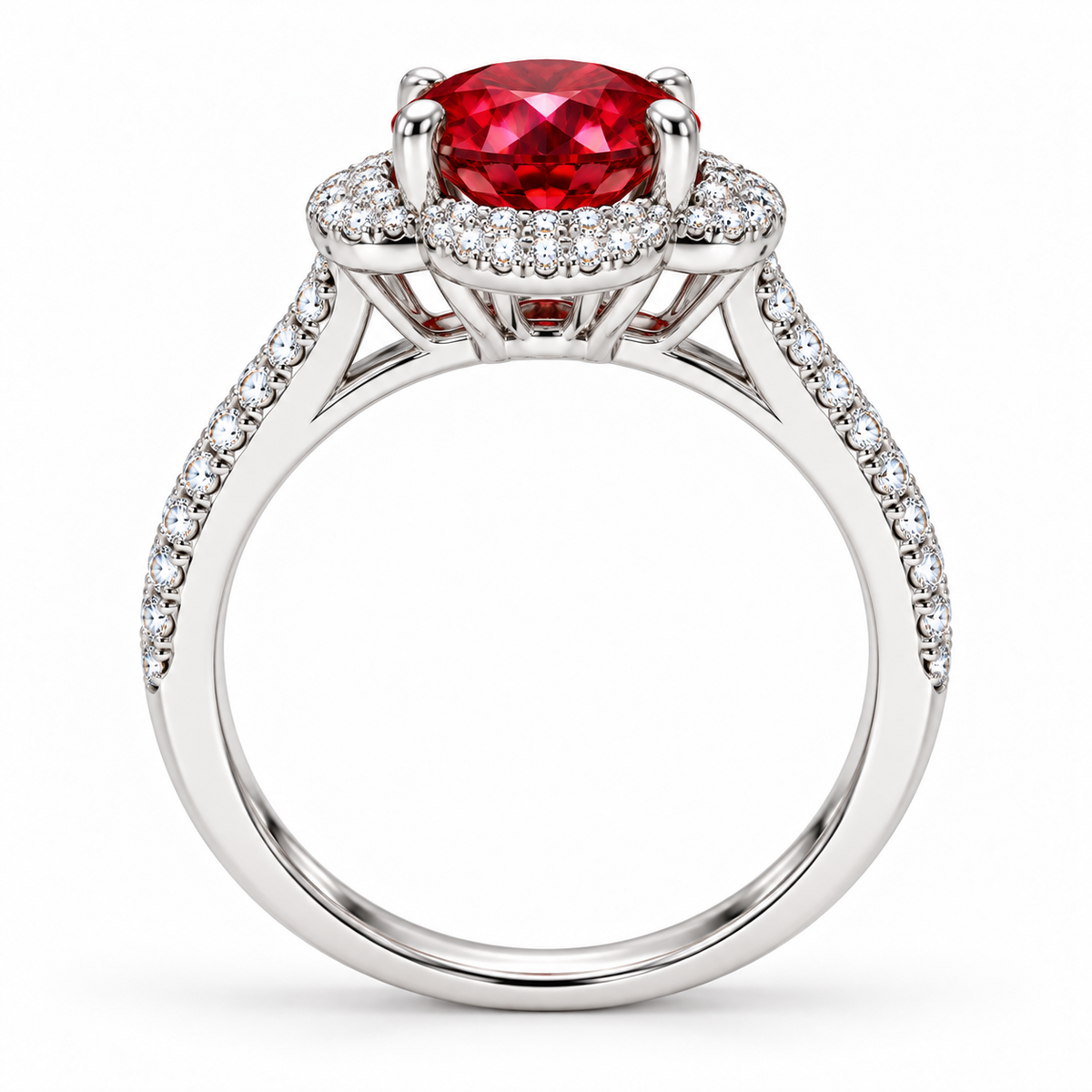 Side profile of a 2 carat red moissanite floral halo ring showing the raised four-prong center gemstone setting, intricate floral halo gallery and slender pavé-accented sterling silver band.