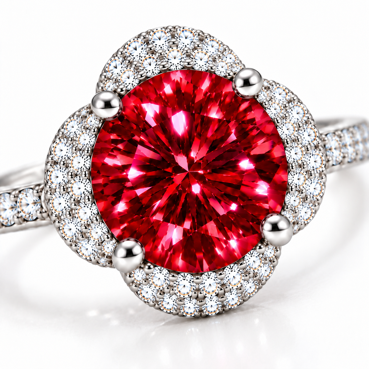 Macro close-up of a 2 carat round brilliant red moissanite ring revealing vibrant crimson facets, luminous scarlet reflections, four polished prongs and an intricate sparkling cubic zirconia floral halo.