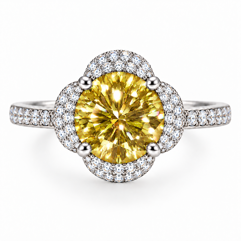 Front view of Phimsera 2 carat 8mm round brilliant yellow moissanite floral halo ring with four silver prongs, sparkling clear cubic zirconia petals and pavé-accented sterling silver band on white.