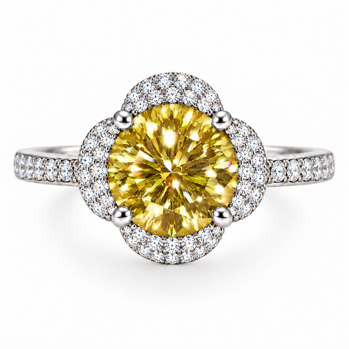 Front view of Phimsera 2 carat 8mm round brilliant yellow moissanite floral halo ring with four silver prongs, sparkling clear cubic zirconia petals and pavé-accented sterling silver band on white.