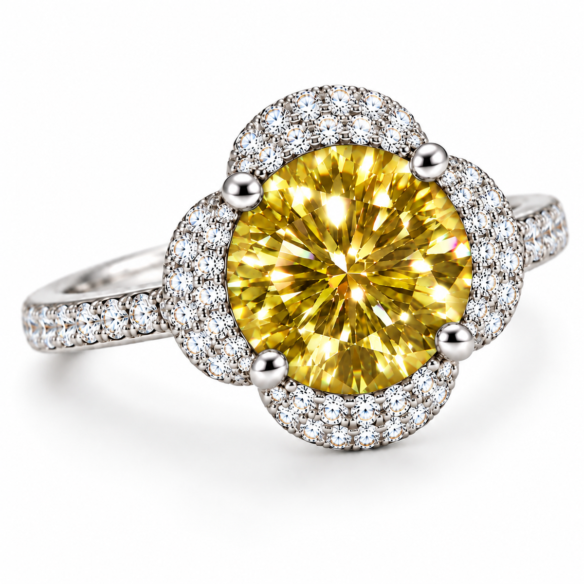 Three-quarter angle of a 2 carat VVS1 yellow moissanite floral halo ring showing golden gemstone brilliance, four-petal cubic zirconia halo and sparkling 925 sterling silver band.