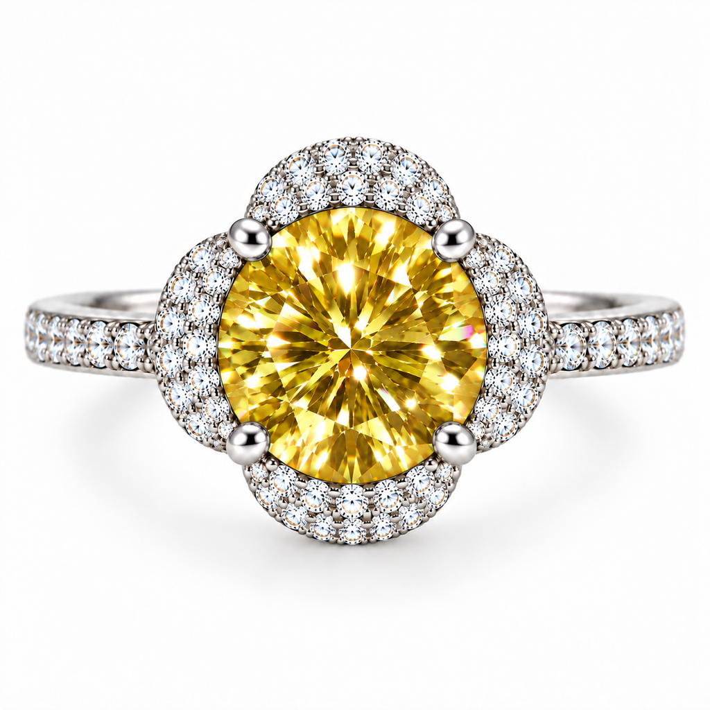 Top-down view of an 8mm brilliant yellow moissanite ring highlighting the symmetrical round gemstone, four-petal floral halo, polished prongs and clear cubic zirconia band accents.