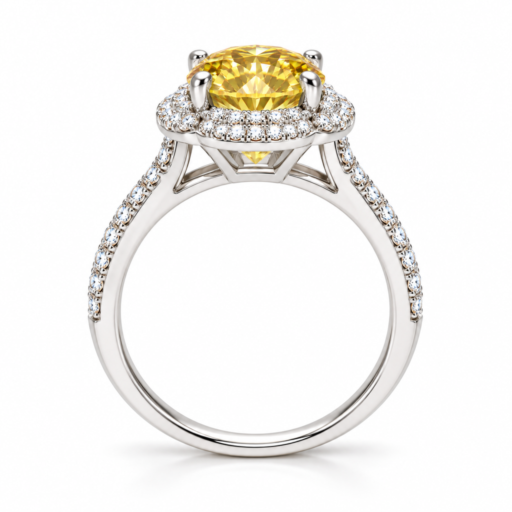 Side profile of a yellow moissanite floral halo ring showing the raised four-prong center gemstone setting, detailed floral halo gallery and pavé-accented sterling silver band.