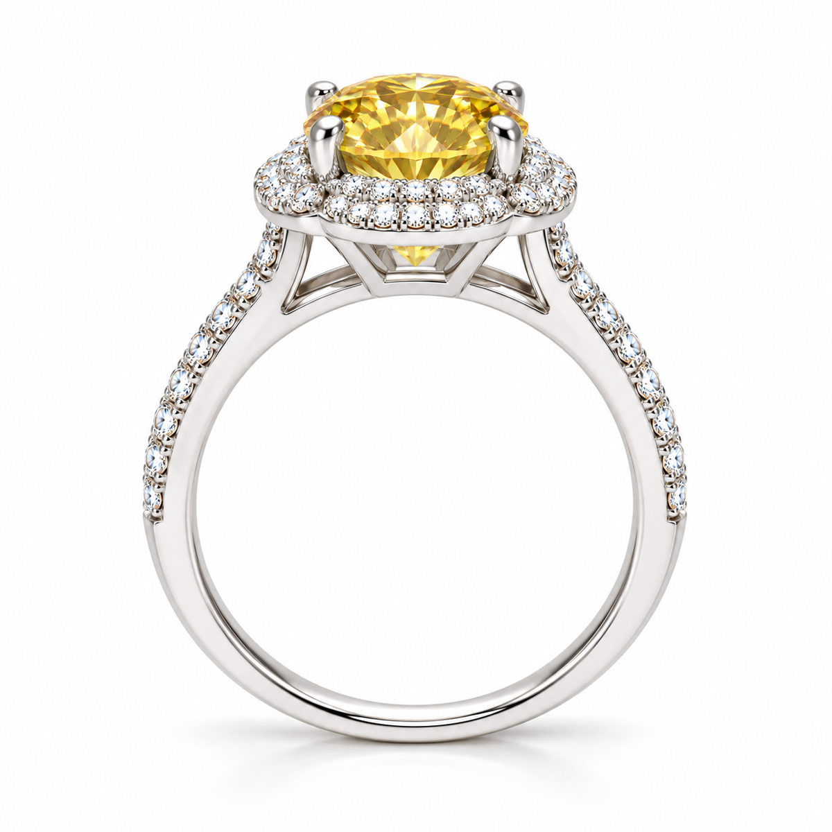Side profile of a yellow moissanite floral halo ring showing the raised four-prong center gemstone setting, detailed floral halo gallery and pavé-accented sterling silver band.