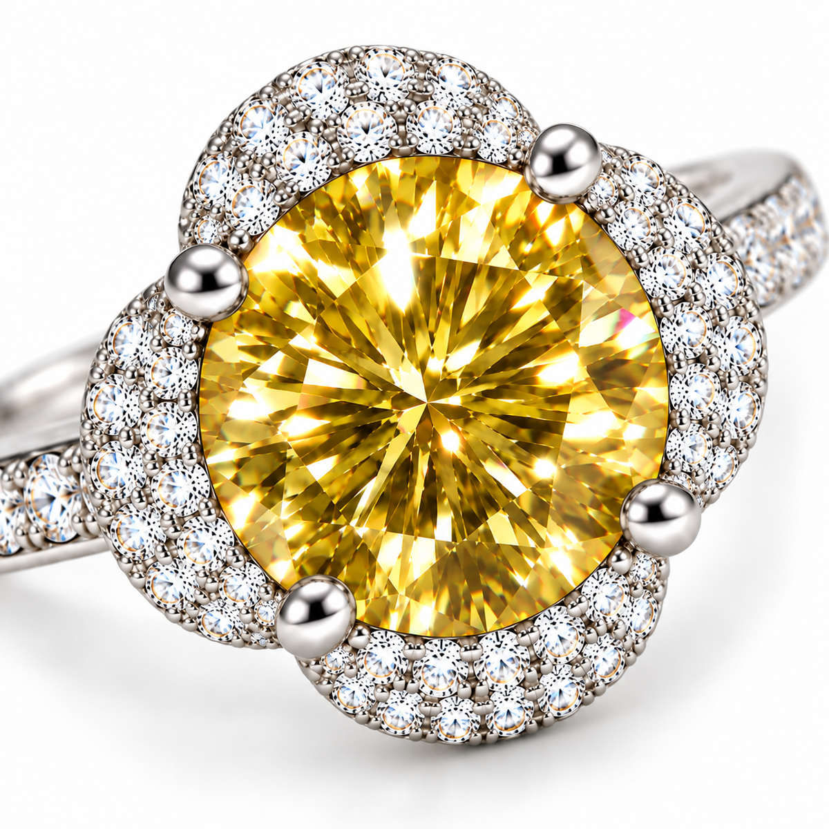 Macro photograph of a 2 carat round brilliant yellow moissanite ring revealing radiant golden facets, white light reflections, subtle rainbow fire and intricate clear cubic zirconia floral halo.