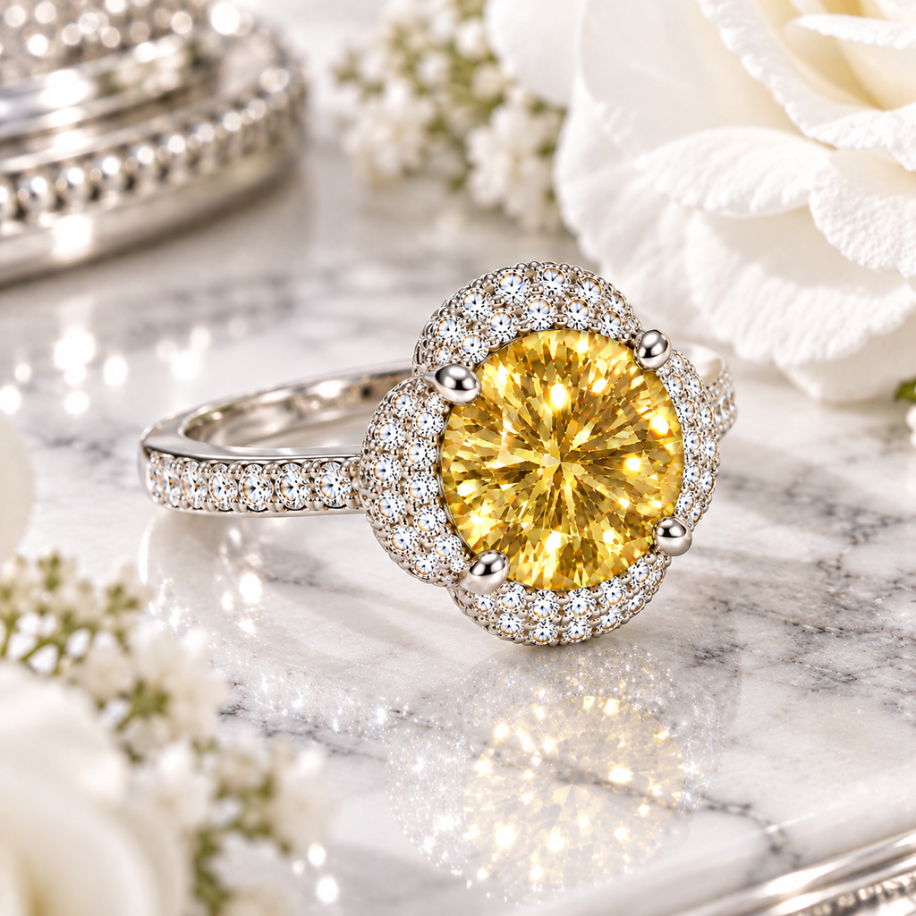 Angled lifestyle photograph of a brilliant yellow moissanite floral halo ring resting on white marble with pure white flowers, polished silver accents and soft luxury lighting.