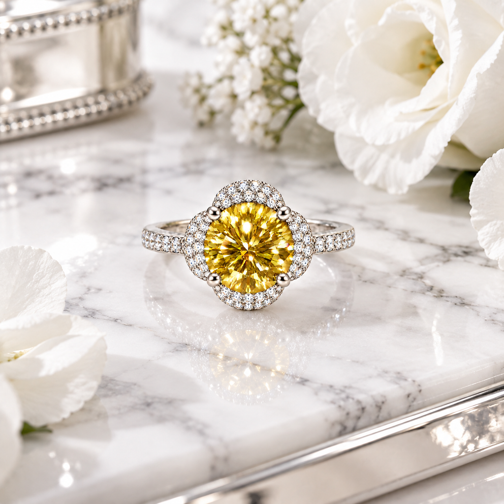 Phimsera 2 carat yellow moissanite floral halo ring displayed on polished white marble with silver-gray veining, surrounded by pure white flowers and reflective silver accents.