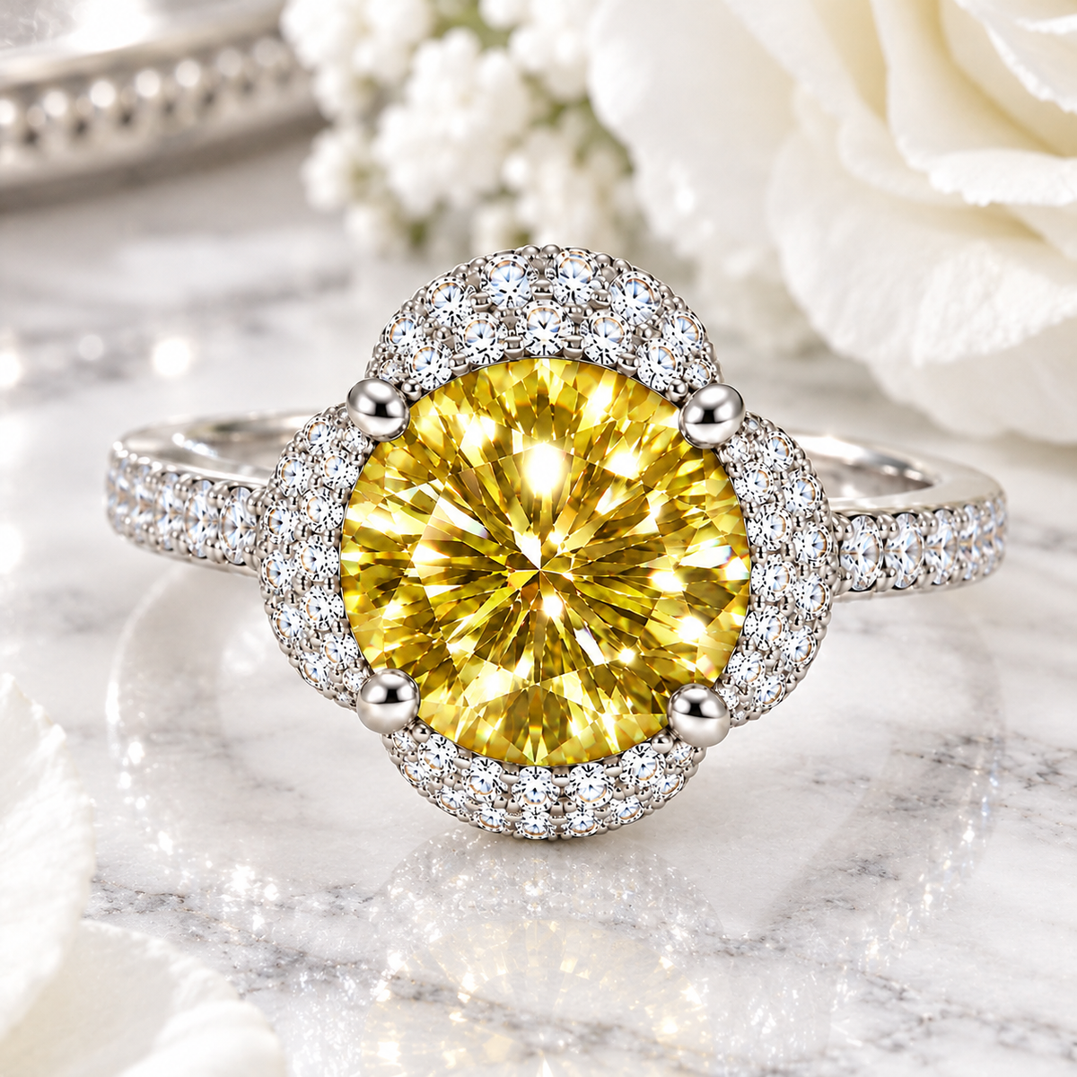 Close-up lifestyle photograph of a radiant 8mm yellow moissanite floral halo ring on white marble with delicate white flowers, highlighting brilliant golden facets and sparkling cubic zirconia accents.
