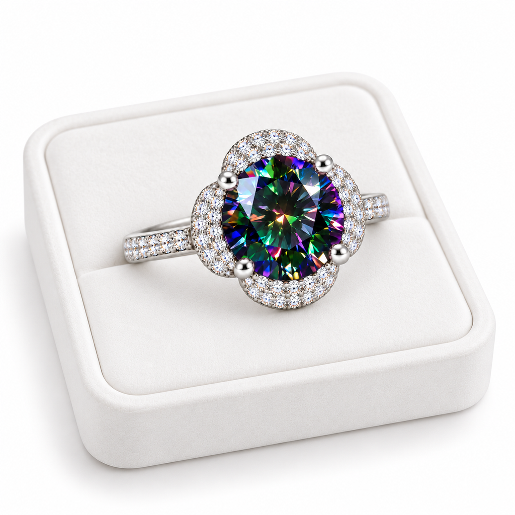 ring resting on elegant white marble with silver-gray veining, pure white roses and reflective silver accents, showcasing the multicolored round brilliant gemstone and sparkling sterling silver band.