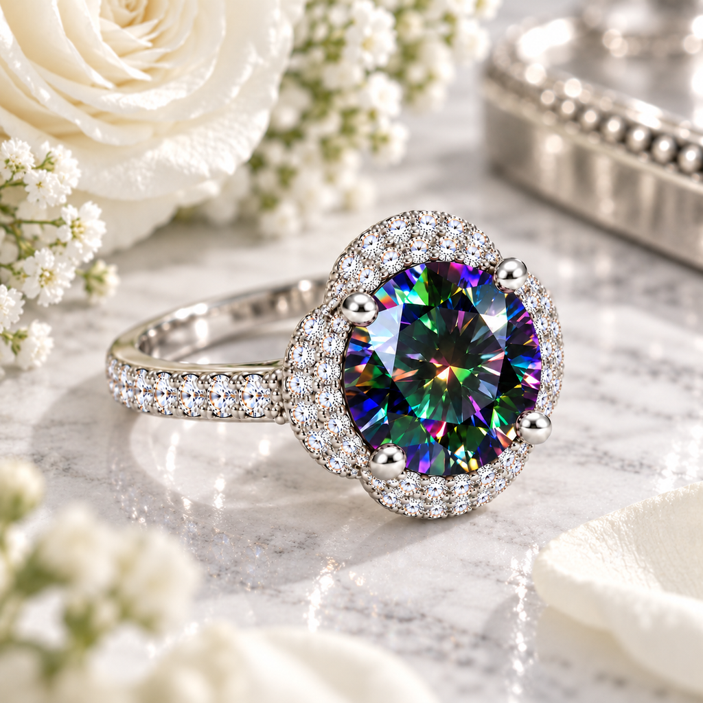 Angled lifestyle photograph of a 2 carat black rainbow moissanite floral halo ring resting on elegant white marble with silver-gray veining, pure white roses and reflective silver accents, showcasing the multicolored round brilliant gemstone and sparkling sterling silver band.