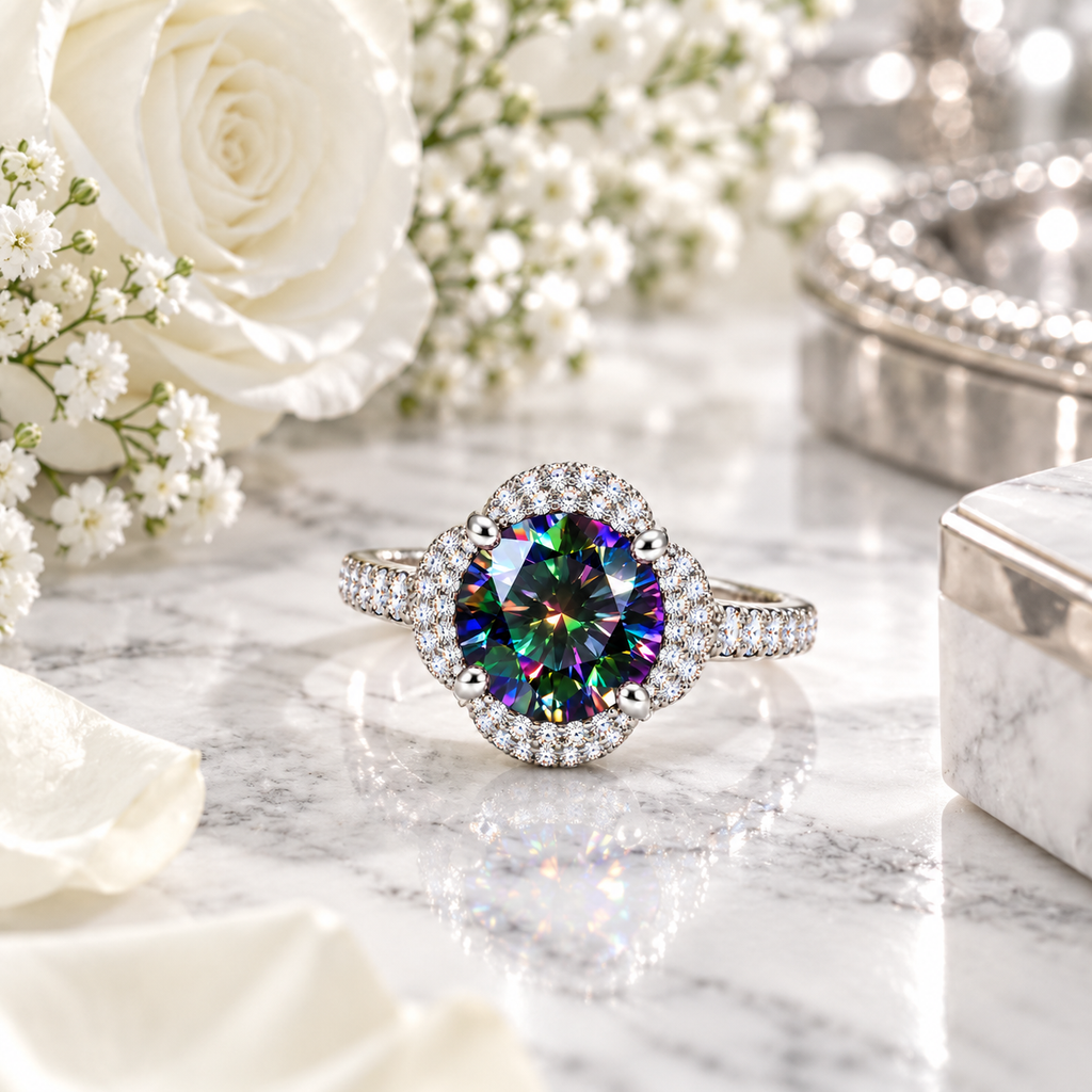Phimsera 2 carat black rainbow moissanite floral halo ring displayed on polished white marble with soft silver-gray veining, surrounded by pure white roses, delicate baby's breath flowers and elegant silver accents.