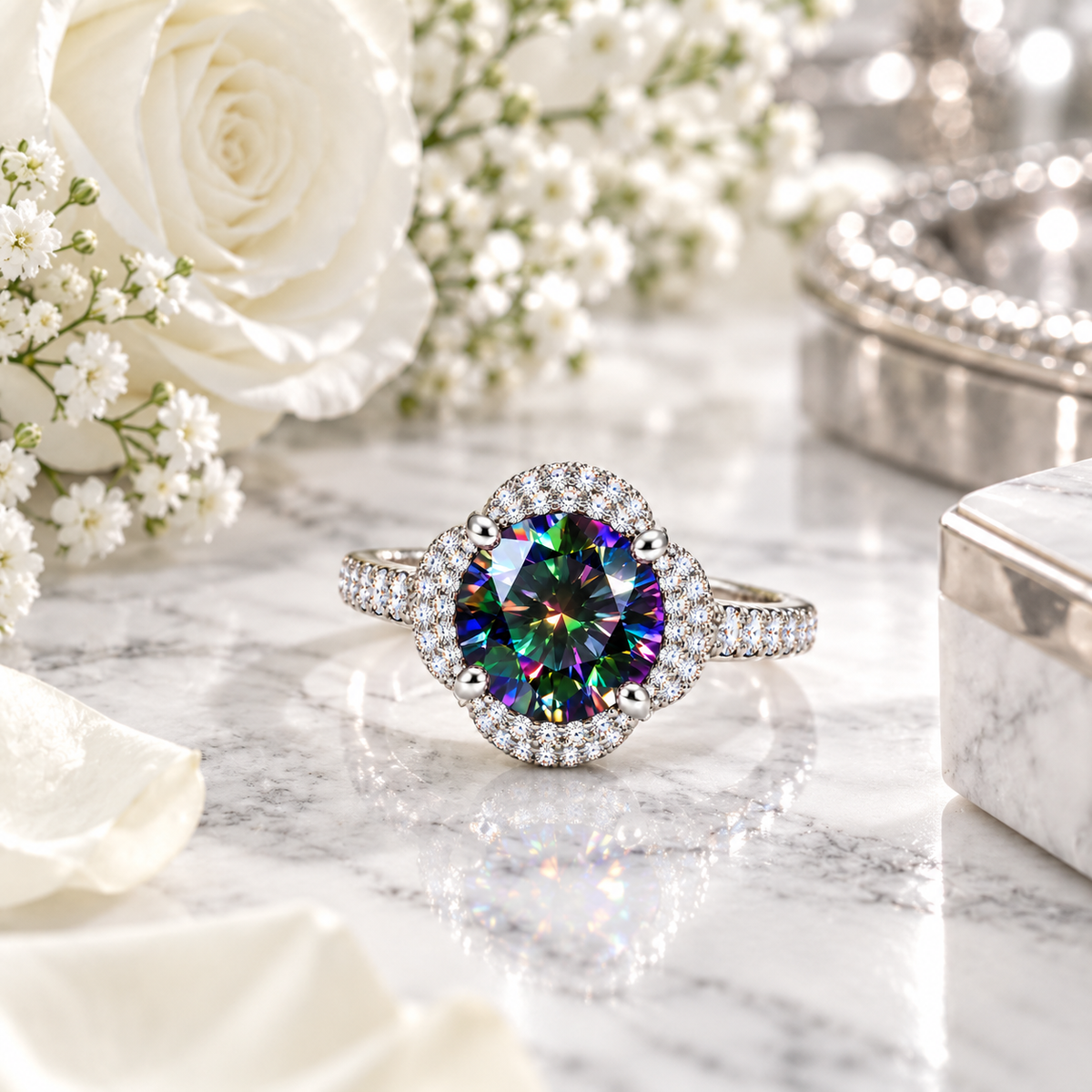 Phimsera 2 carat black rainbow moissanite floral halo ring displayed on polished white marble with soft silver-gray veining, surrounded by pure white roses, delicate baby's breath flowers and elegant silver accents.