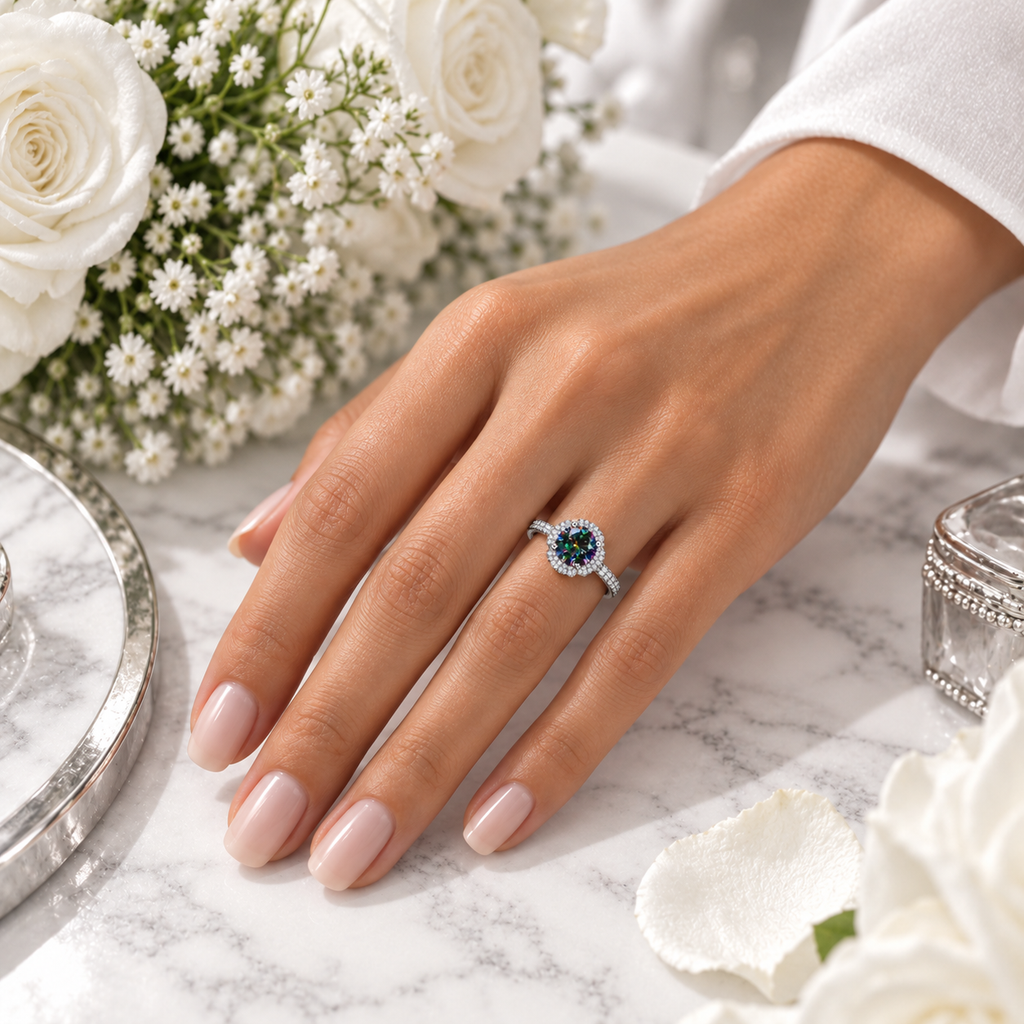 A hand model wearing a silver black rainbow moissanite ring with clear small stones, styled on a marble surface with white roses in the background.