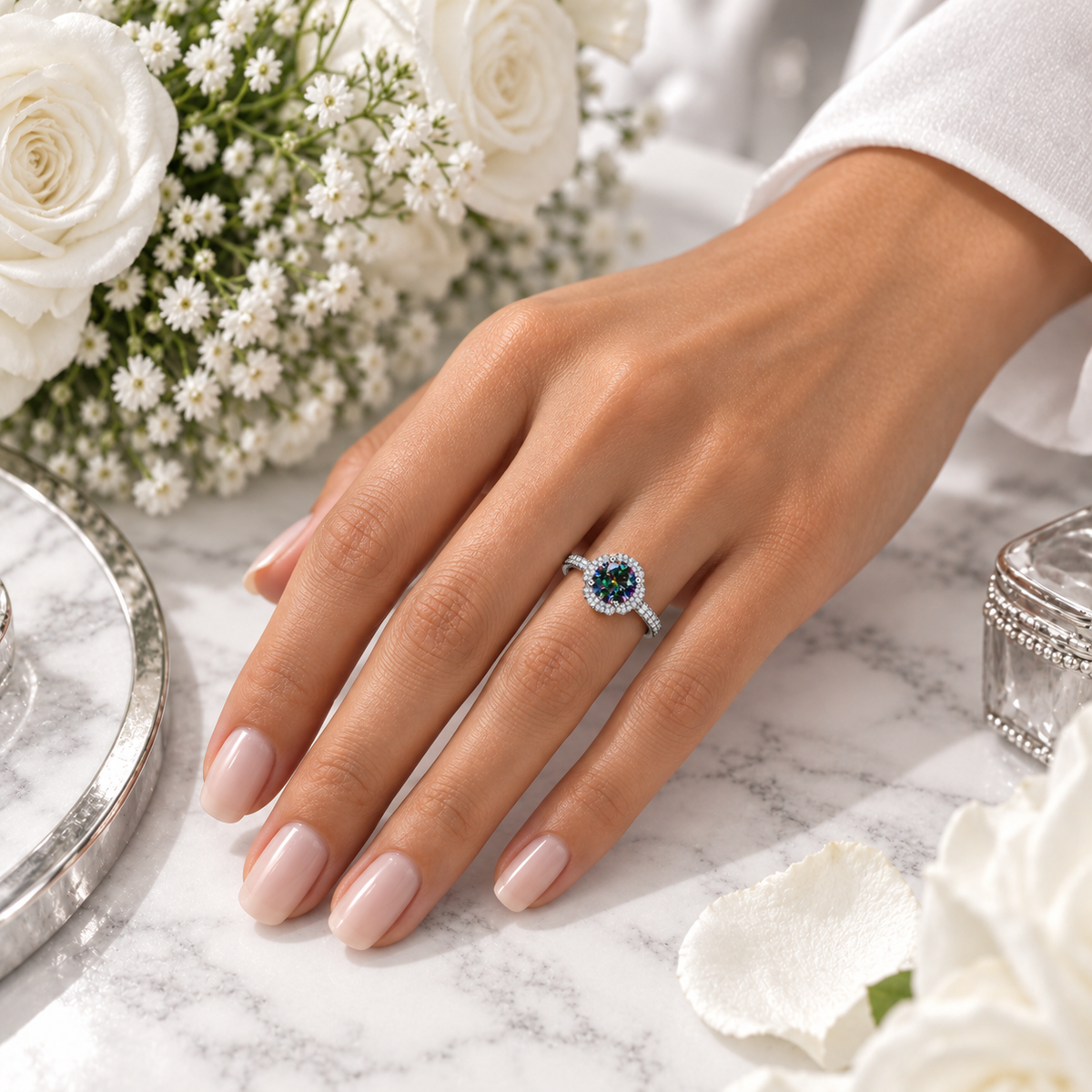 A hand model wearing a silver black rainbow moissanite ring with clear small stones, styled on a marble surface with white roses in the background.