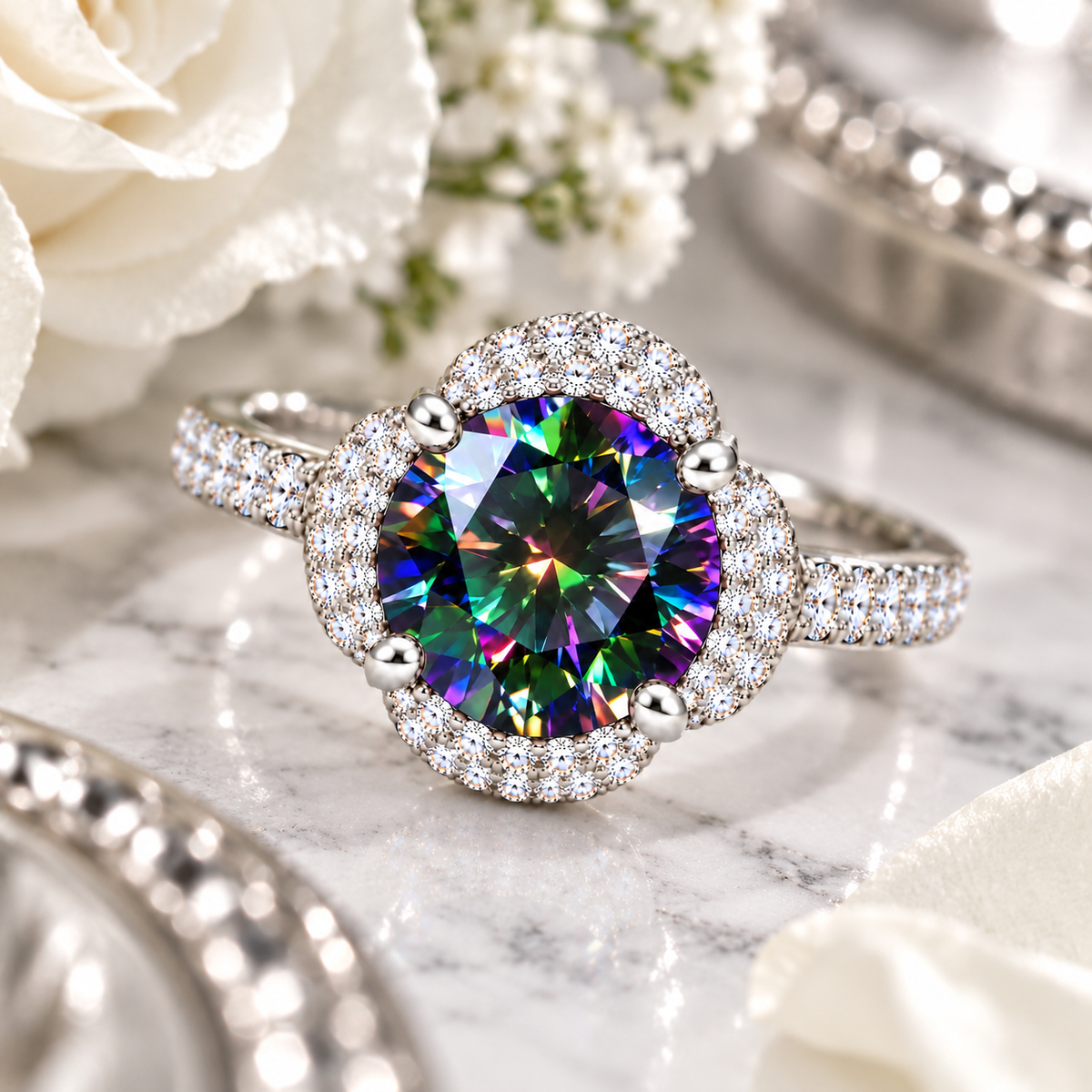 Macro lifestyle photograph of an 8mm black rainbow moissanite floral halo ring on white marble, highlighting vivid green, blue, purple and golden gemstone reflections, polished four-prong setting and sparkling cubic zirconia halo with soft white flowers in the background.