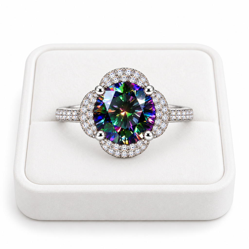 Phimsera 2 carat black rainbow moissanite floral halo ring displayed on a premium white velvet jewelry tray against a pure white background, featuring a brilliant multicolored center gemstone and sparkling cubic zirconia accents.