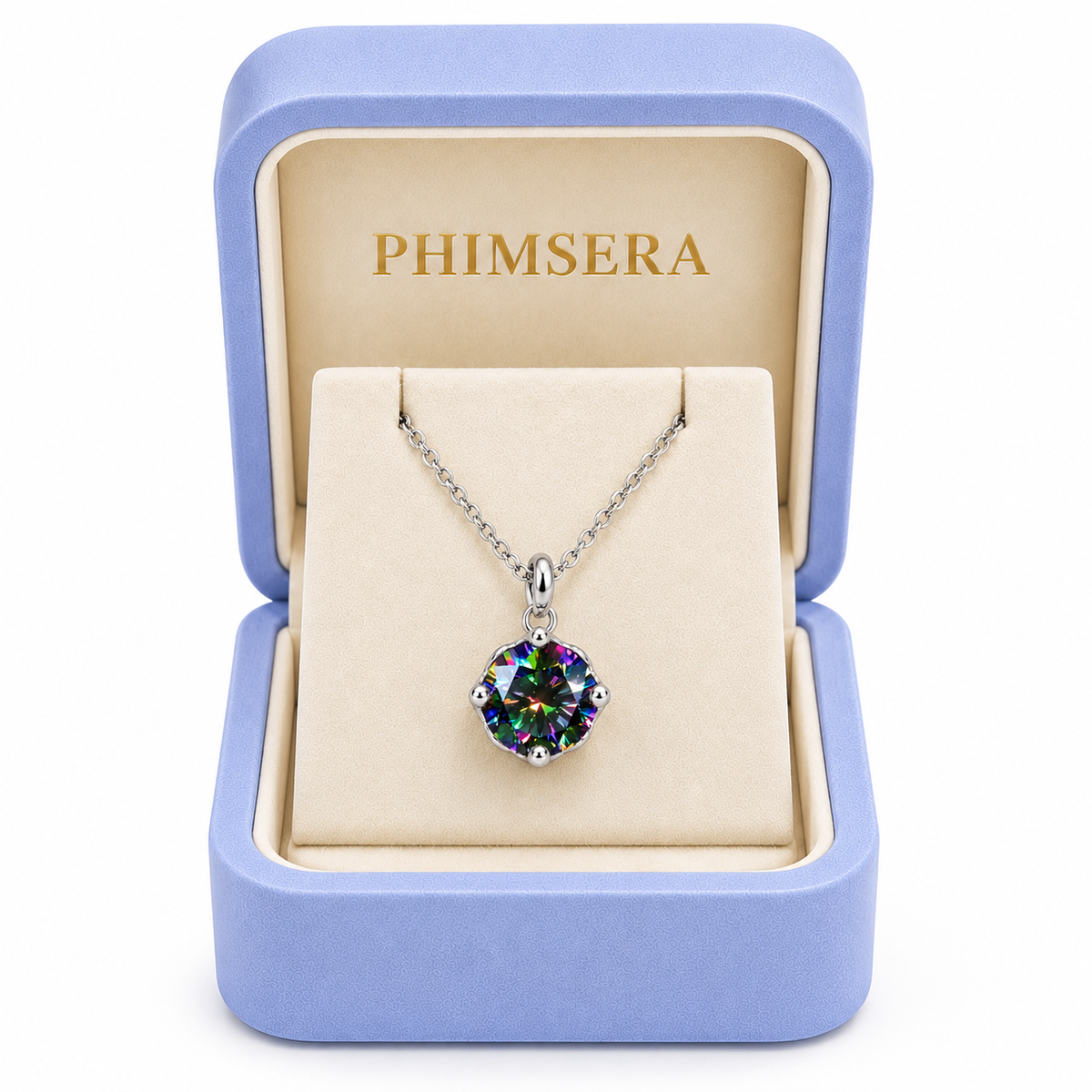 2 carat black rainbow moissanite solitaire necklace displayed inside an open periwinkle Phimsera jewelry gift box with an ivory interior, gold Phimsera logo, and clean white background.