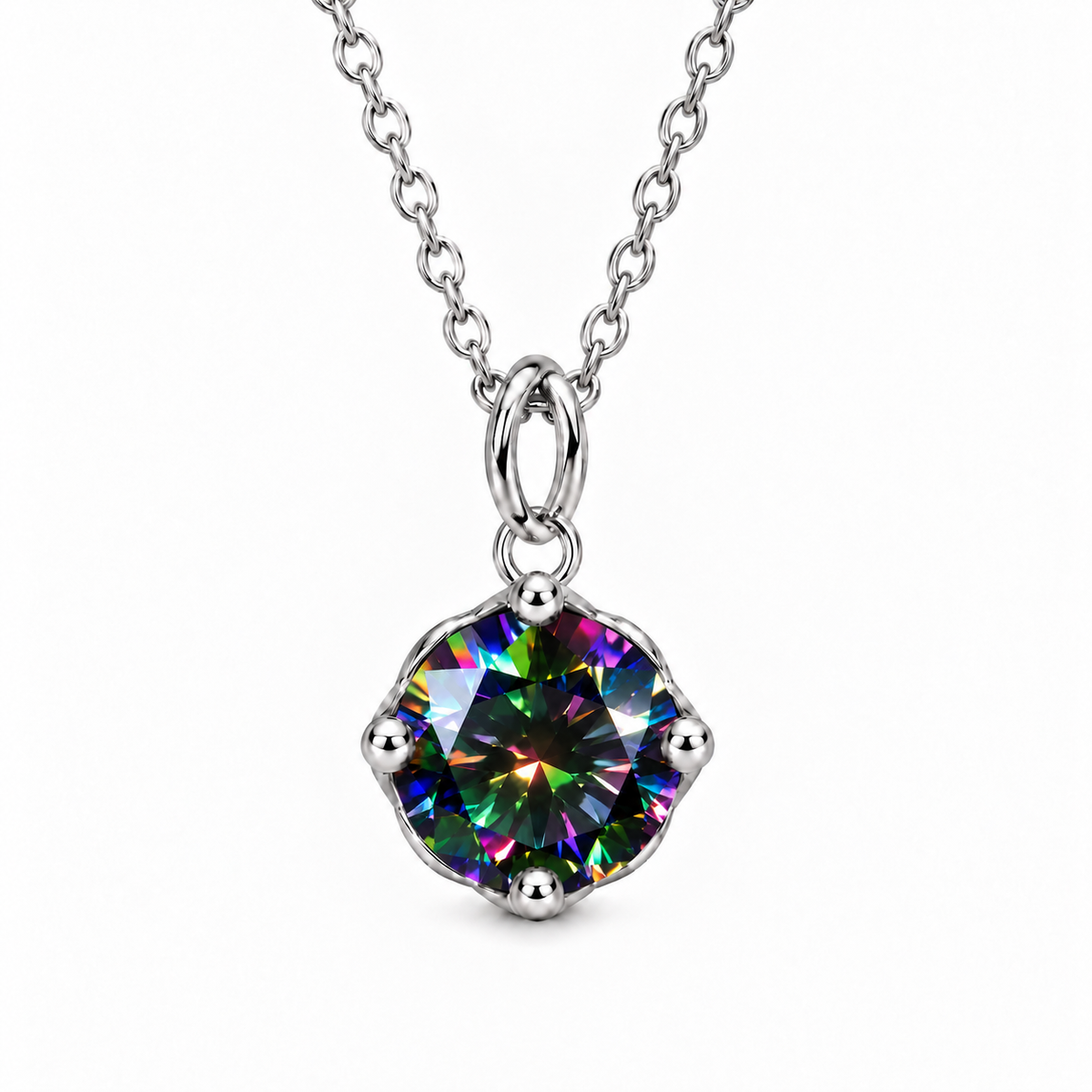 2 carat black rainbow moissanite solitaire necklace featuring an 8mm round brilliant gemstone with vibrant multicolored reflections, four-prong platinum-plated 925 sterling silver setting, and delicate oval-link chain on a pure white background.