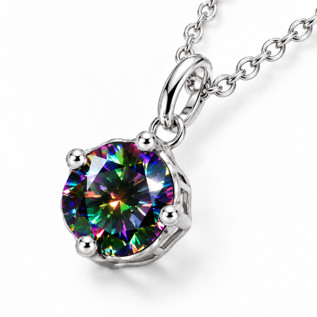 Three-quarter view of a 2 carat black rainbow moissanite solitaire pendant showing brilliant multicolored facets, a polished four-prong silver setting, an elongated oval bail, and an elegant sterling silver chain.