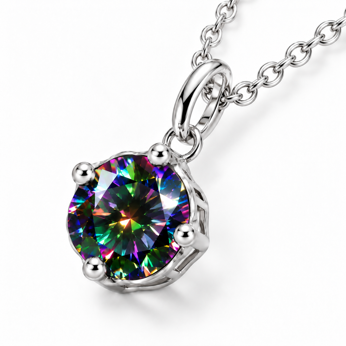 Three-quarter view of a 2 carat black rainbow moissanite solitaire pendant showing brilliant multicolored facets, a polished four-prong silver setting, an elongated oval bail, and an elegant sterling silver chain.