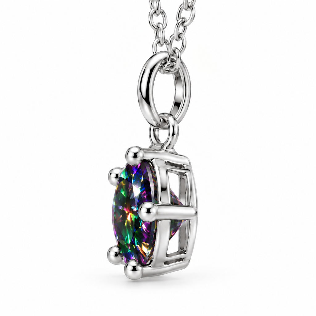 Side profile of an 8mm black rainbow moissanite solitaire necklace showing the round brilliant gemstone depth, colorful reflections, open silver basket setting, rounded prongs, and polished oval pendant bail.