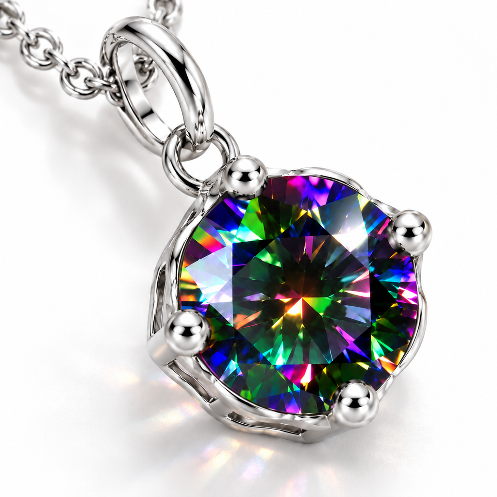 Angled macro photograph of a 2 carat black rainbow moissanite pendant highlighting dark faceted gemstone depth, vibrant green, violet, blue, and pink reflections, polished silver prongs, and an elegant solitaire setting.
