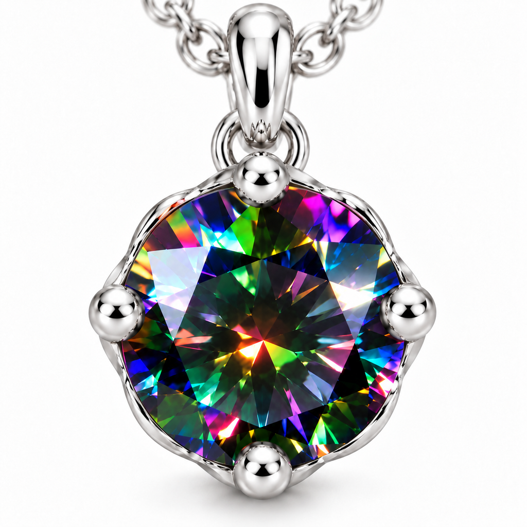 Extreme frontal macro of an 8mm VVS1 black rainbow moissanite pendant displaying intricate round brilliant faceting, vivid multicolored reflections, four rounded silver prongs, and a polished sterling silver setting.