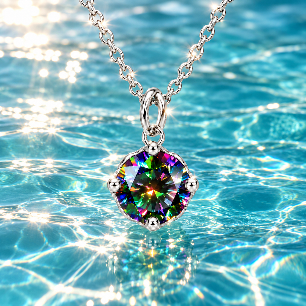 2 carat black rainbow moissanite solitaire necklace suspended against sparkling teal-blue ocean water with natural sunlight illuminating the multicolored round brilliant gemstone and polished sterling silver setting.