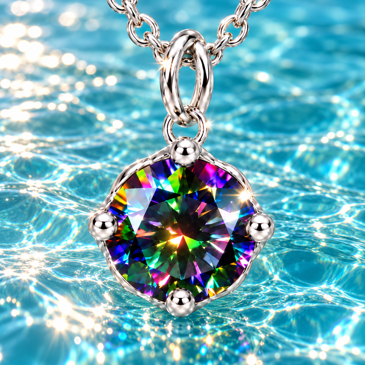 Extreme macro of an 8mm black rainbow moissanite pendant against sunlit turquoise water, highlighting vivid rainbow gemstone facets, four polished silver prongs, brilliant reflections, and sparkling ocean bokeh.