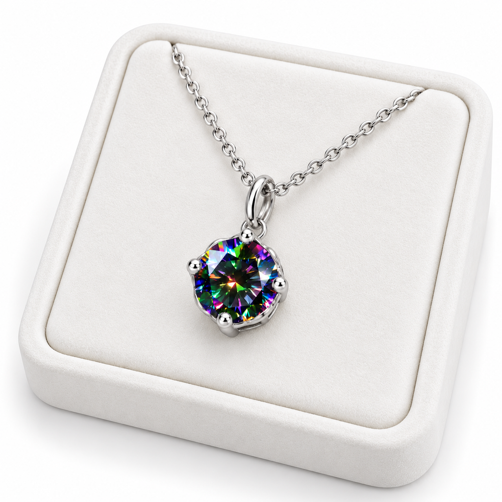 Angled white velvet jewelry tray displaying an 8mm round brilliant black rainbow moissanite pendant necklace with a four-prong sterling silver setting, delicate oval-link chain, and bright white studio background.