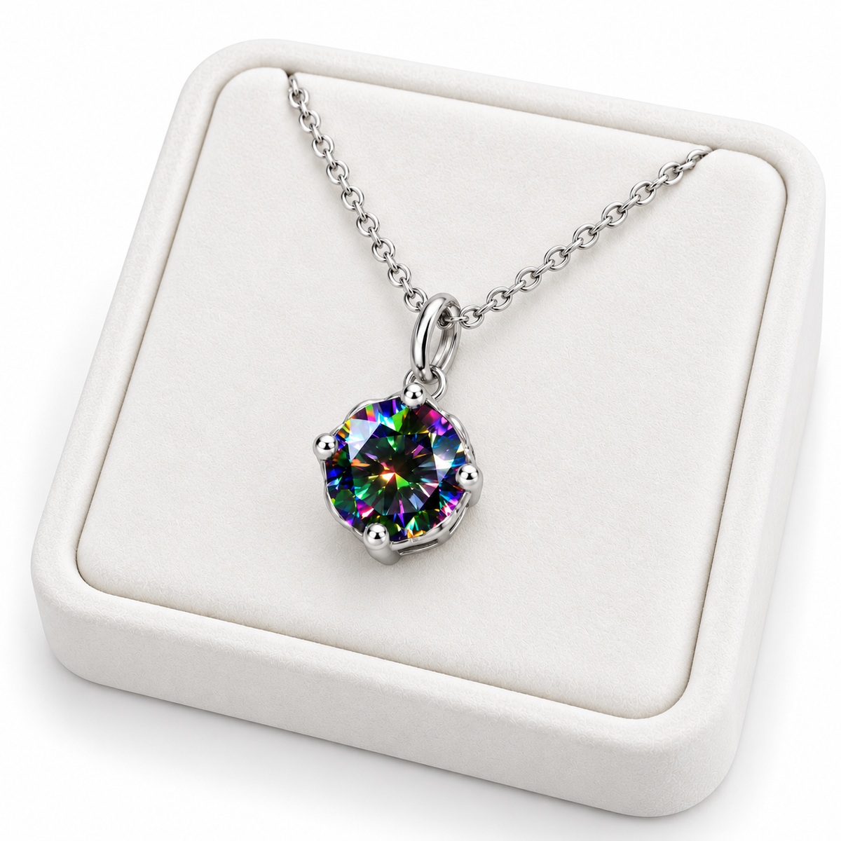 Angled white velvet jewelry tray displaying an 8mm round brilliant black rainbow moissanite pendant necklace with a four-prong sterling silver setting, delicate oval-link chain, and bright white studio background.