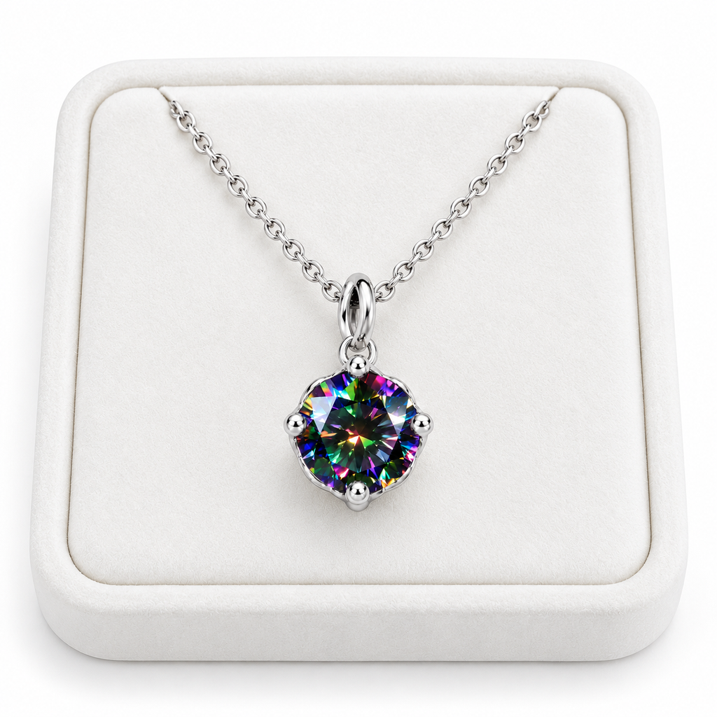 2 carat black rainbow moissanite solitaire necklace arranged on a premium white velvet jewelry tray with a delicate sterling silver chain and brilliant 8mm multicolored gemstone against a pure white background.