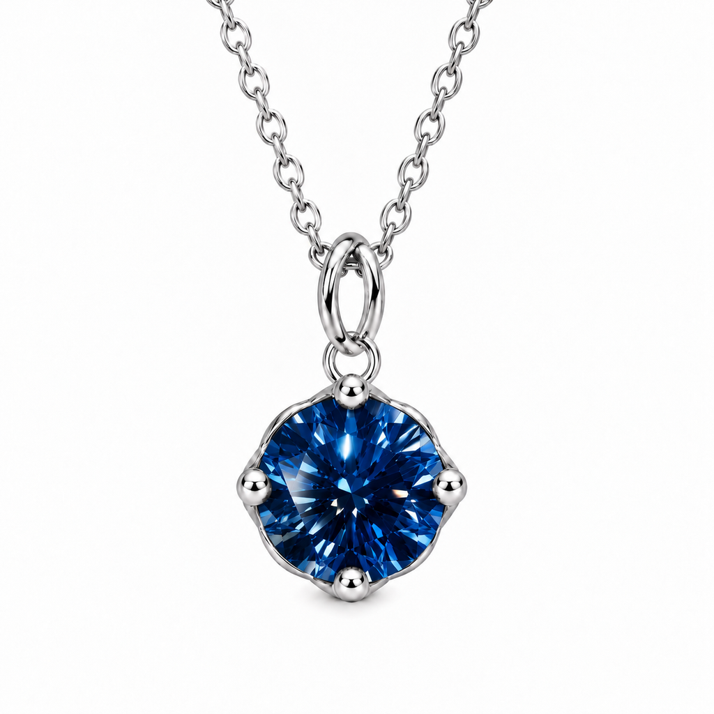 2 carat deep blue moissanite solitaire necklace featuring an 8mm VVS1 round brilliant gemstone in a four-prong platinum-plated 925 sterling silver setting with a delicate oval-link chain on a pure white background.
