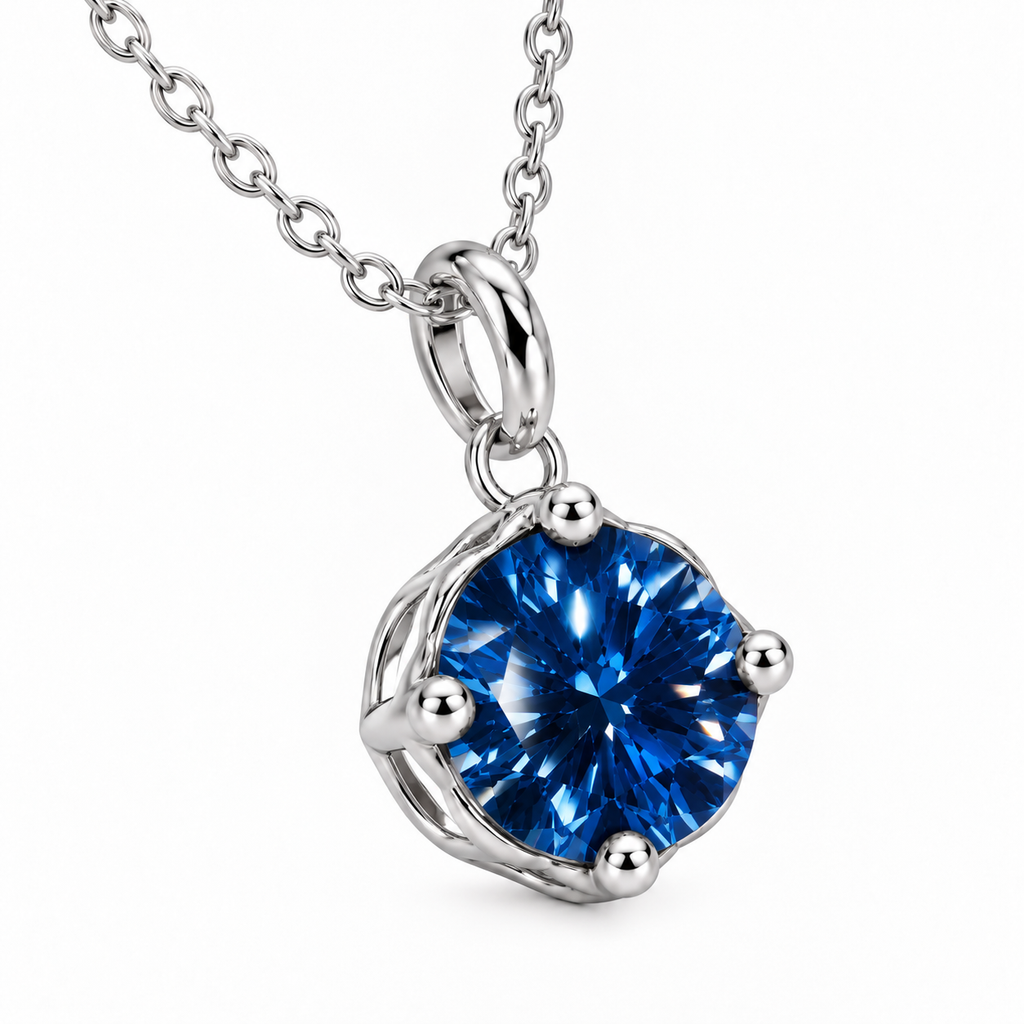 Angled view of an 8mm deep blue moissanite pendant necklace displaying vivid royal-blue facets, polished silver prongs, an open solitaire basket setting, and a delicate sterling silver chain.