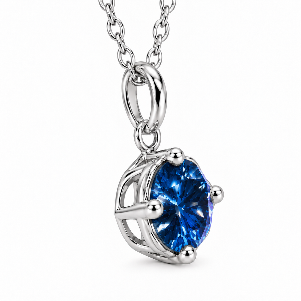 Side profile of an 8mm deep blue moissanite solitaire necklace showing the round brilliant gemstone depth, open four-prong silver basket setting, polished connecting ring, and elongated oval pendant bail.