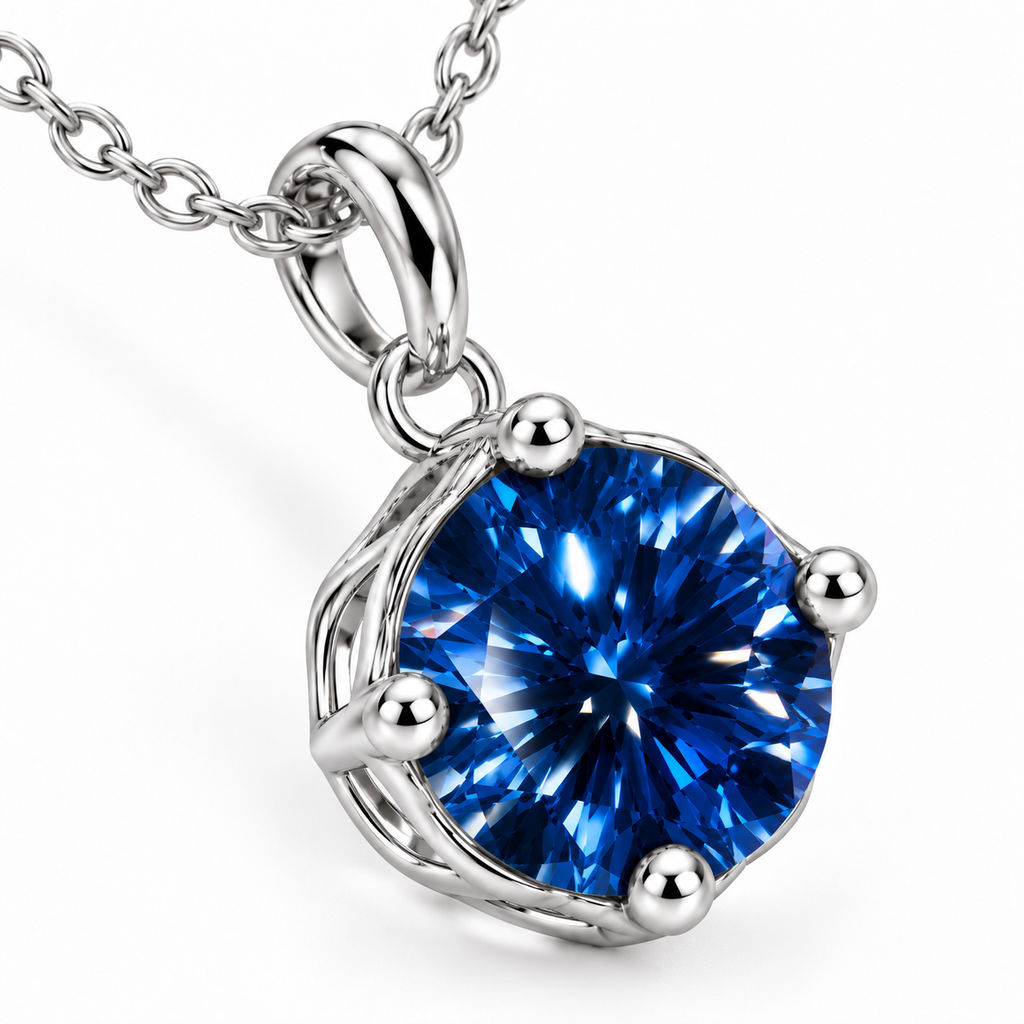 Angled macro photograph of a 2 carat deep blue moissanite pendant highlighting brilliant royal-blue facets, luminous electric-blue reflections, polished silver prongs, and an elegant open solitaire setting.