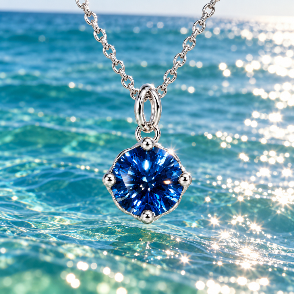 2 carat deep blue moissanite solitaire necklace suspended against sparkling teal-blue ocean water with natural sunlight illuminating the royal-blue round brilliant gemstone and polished sterling silver setting.