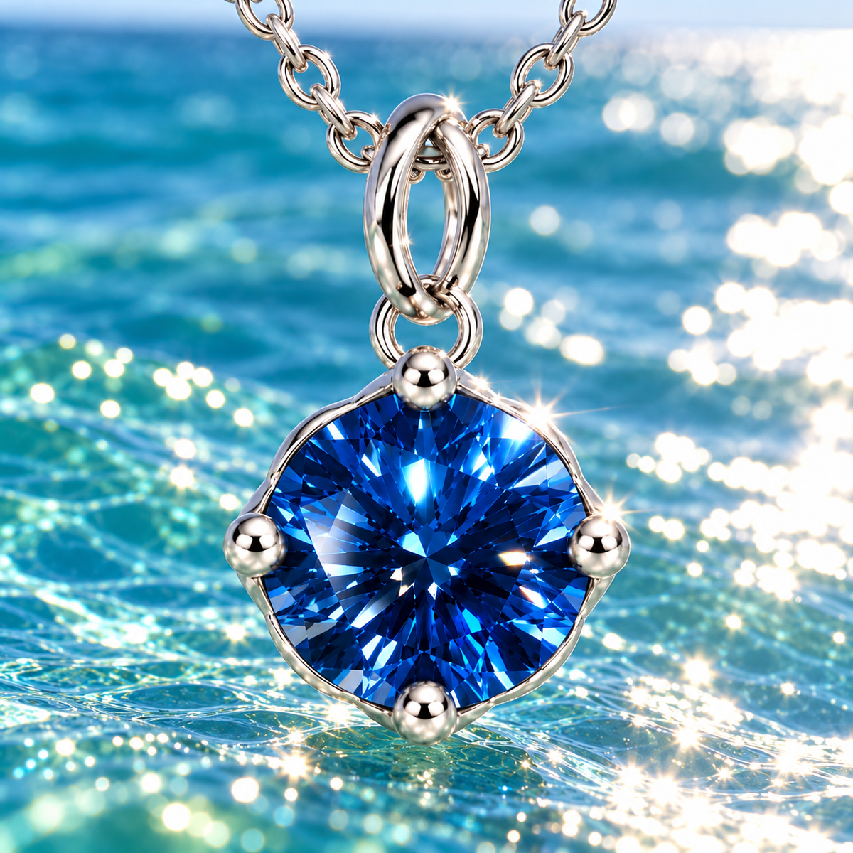A silver pendant necklace featuring a large, round brilliant-cut deep blue gemstone, suspended from a matching silver chain against a sparkling turquoise ocean background.