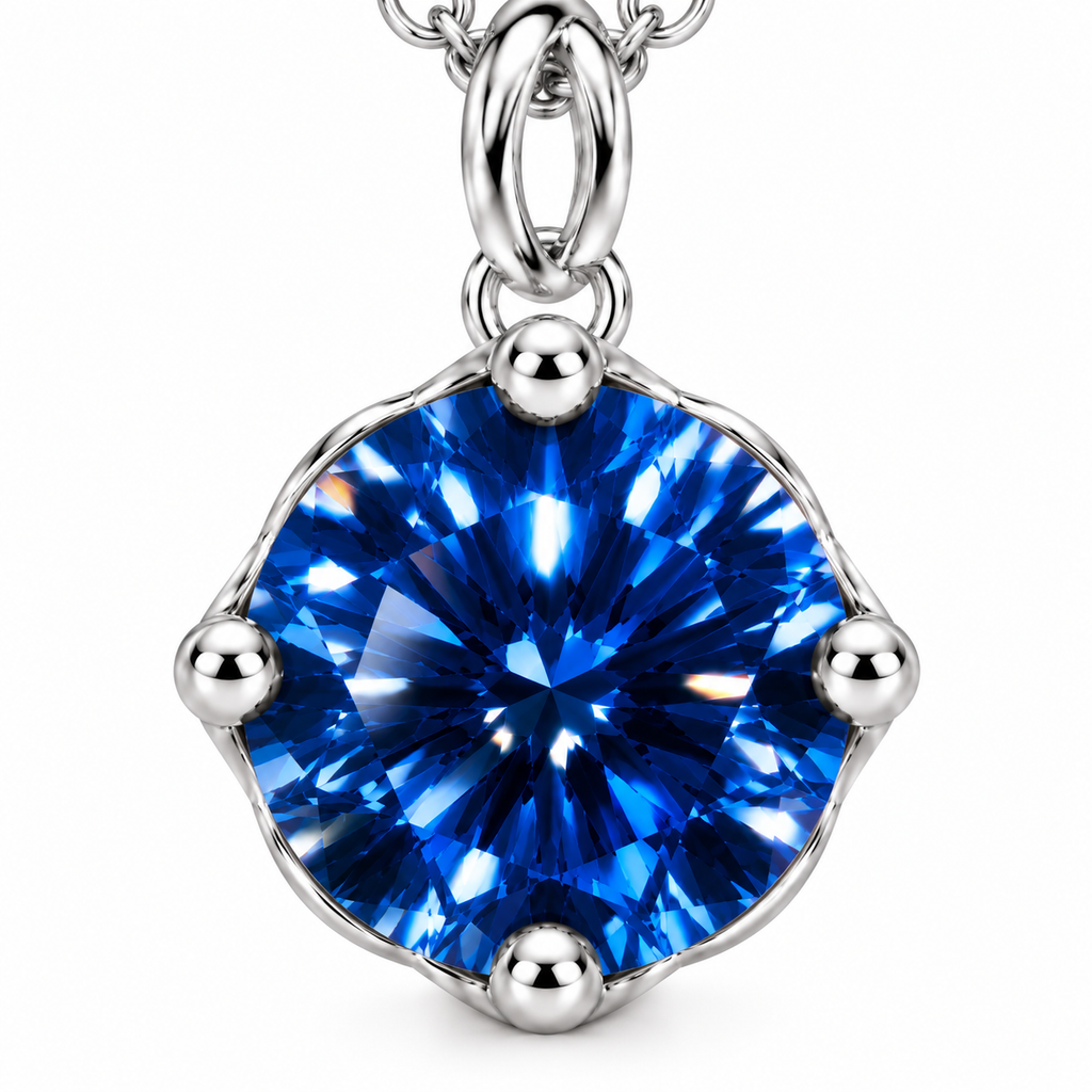 Extreme macro of an 8mm deep blue moissanite pendant against sunlit turquoise ocean water, highlighting vivid royal-blue gemstone facets, brilliant reflections, four polished silver prongs, and sparkling ocean bokeh.