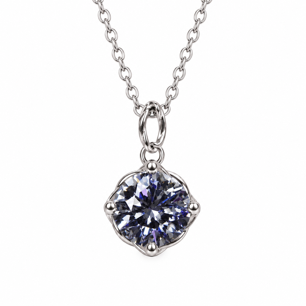 2 carat gray moissanite solitaire pendant necklace featuring an 8mm VVS1 round brilliant gemstone in a four-prong platinum-plated 925 sterling silver setting with a delicate silver chain on a white background.