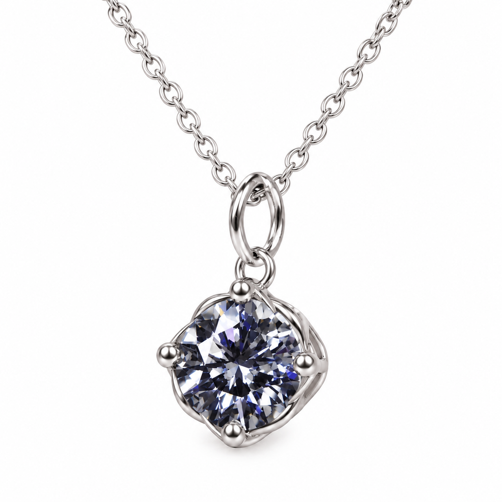 Angled view of a 2 carat round brilliant gray moissanite pendant necklace featuring smoky charcoal-gray facets, subtle blue-violet reflections, a polished silver four-prong setting, and a delicate sterling silver chain.