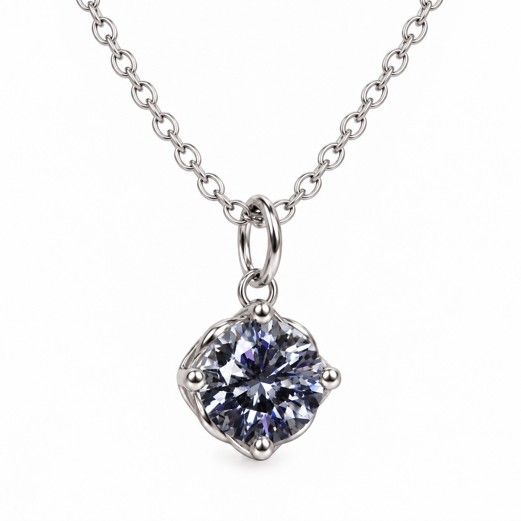 Alternate front view of an 8mm VVS1 gray moissanite solitaire necklace displaying a brilliant smoky gray gemstone, four rounded silver prongs, an oval pendant bail, and a delicate platinum-plated sterling silver chain.
