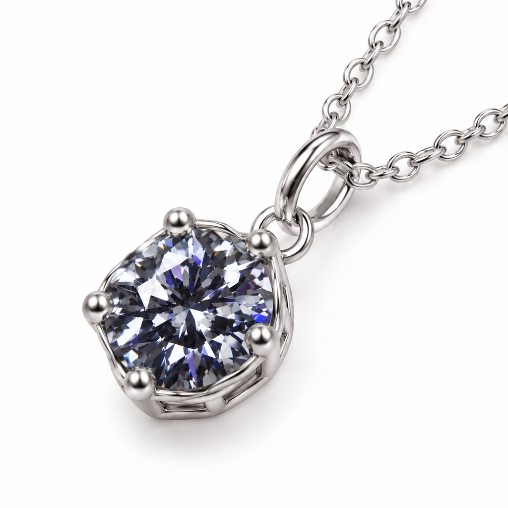 Macro angled view of a 2 carat VVS1 gray moissanite pendant featuring brilliant round-cut facets, smoky charcoal-gray coloration, silver-white reflections, and a polished platinum-plated sterling silver setting.