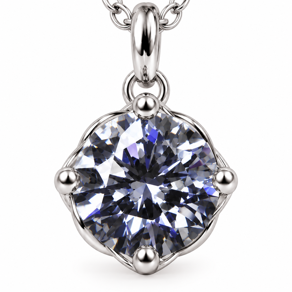 Extreme frontal macro of an 8mm round brilliant gray moissanite pendant showing detailed smoky gray faceting, subtle blue-violet flashes, four polished silver prongs, and a delicate circular setting on white.