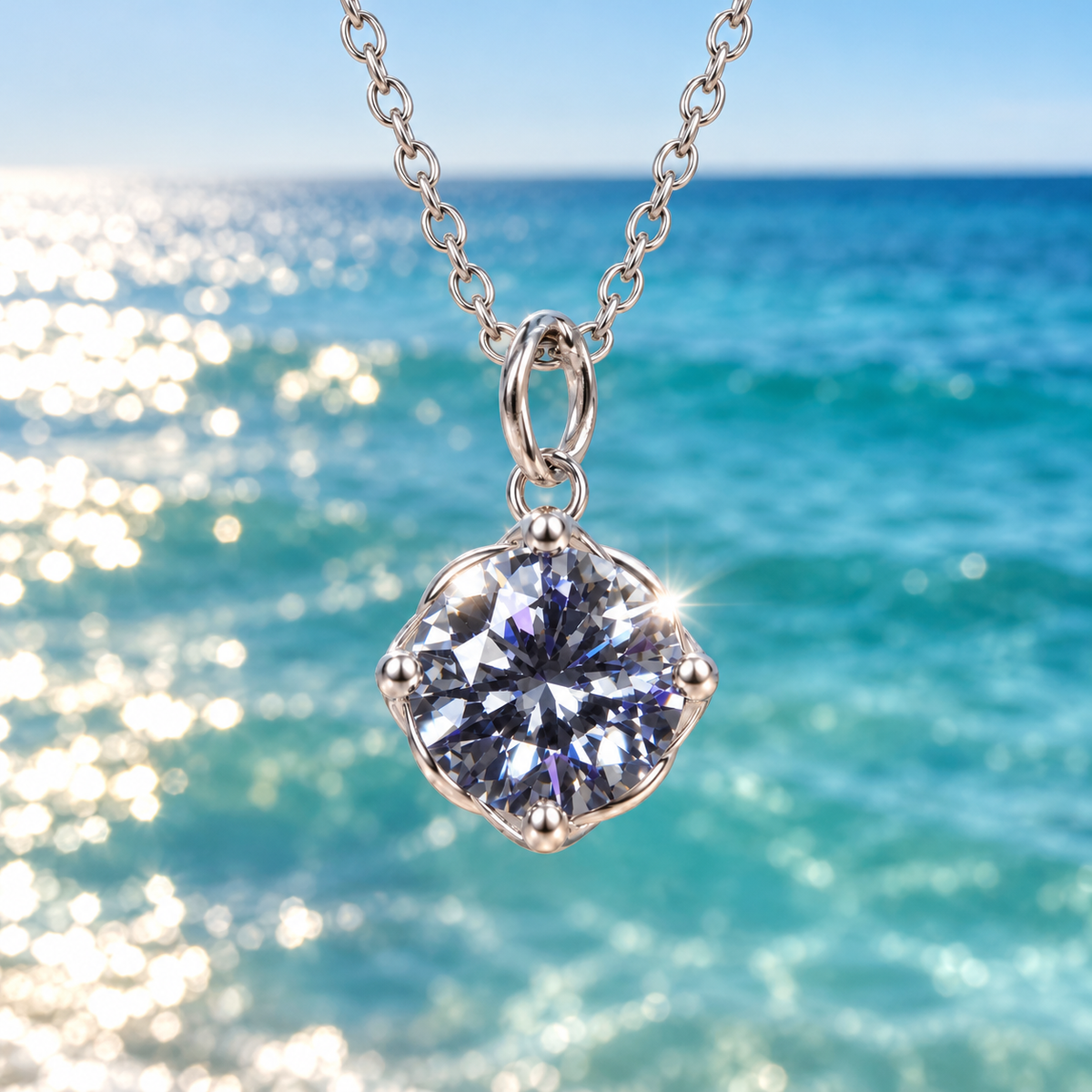 2 carat gray moissanite solitaire pendant necklace suspended against sparkling teal-blue ocean water, with sunlight illuminating the 8mm round brilliant gemstone and polished sterling silver setting.