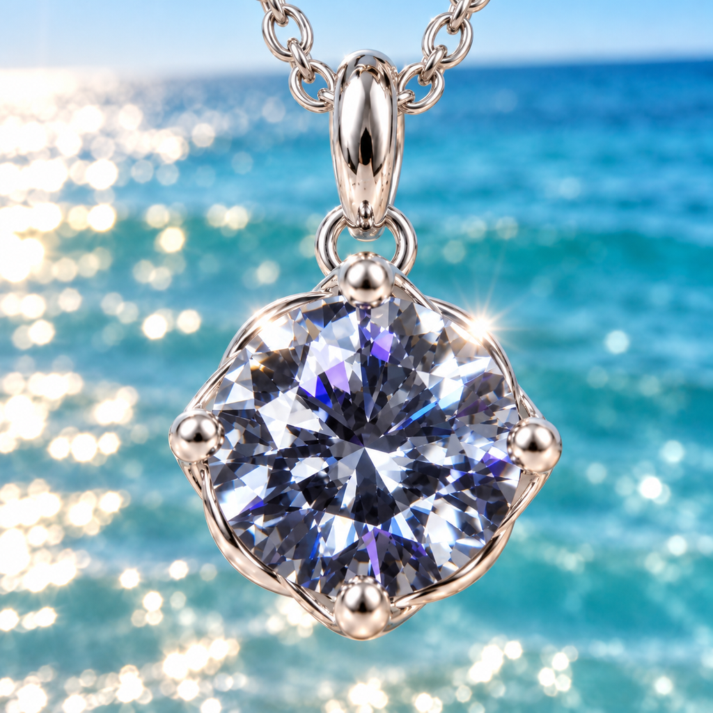 Close-up macro photograph of a brilliant 8mm gray moissanite pendant necklace against sunlit turquoise ocean water, highlighting smoky charcoal-gray facets, subtle blue-violet reflections, and polished silver prongs.