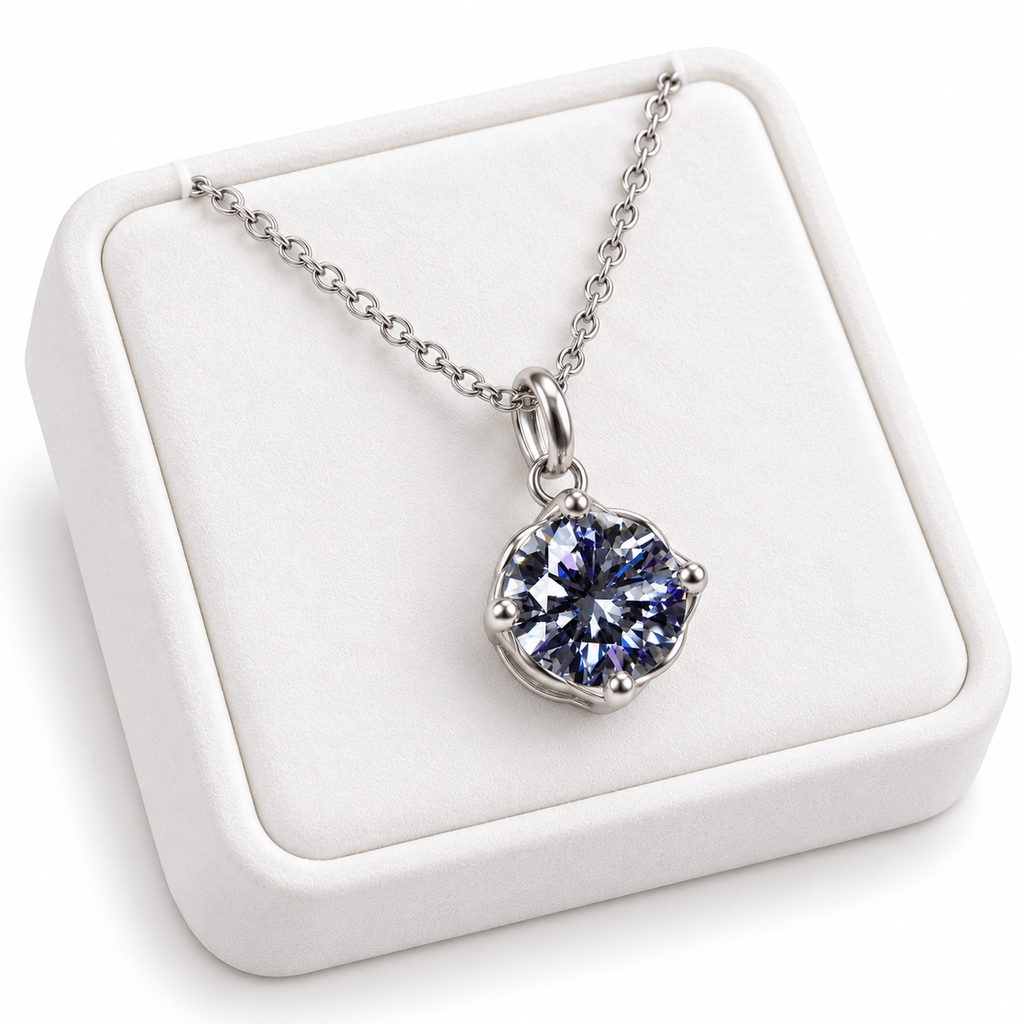 Angled white velvet jewelry tray displaying a 2 carat gray moissanite solitaire necklace with an 8mm round brilliant gemstone and delicate platinum-plated sterling silver chain against a white background.