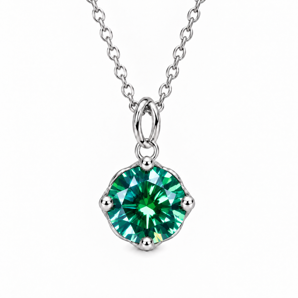 2 carat emerald green moissanite solitaire necklace featuring an 8mm round brilliant gemstone in a four-prong platinum-plated 925 sterling silver setting with a delicate oval-link chain on a pure white background.