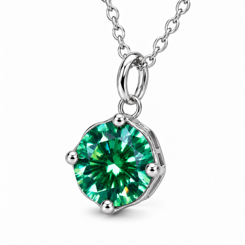 Angled view of an 8mm green moissanite pendant necklace displaying vivid emerald and teal-green facets, polished silver prongs, an open solitaire basket setting, and a delicate sterling silver chain.